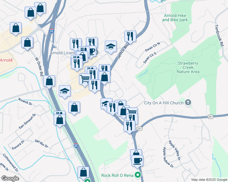 map of restaurants, bars, coffee shops, grocery stores, and more near 1777 Richardson Road in Arnold