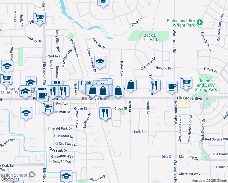 map of restaurants, bars, coffee shops, grocery stores, and more near 9565 School Street in Elk Grove