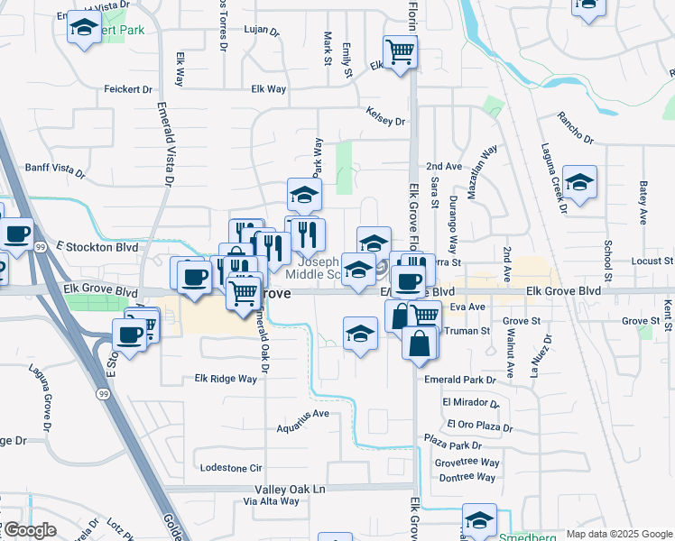map of restaurants, bars, coffee shops, grocery stores, and more near 8861 Williamson Drive in Elk Grove