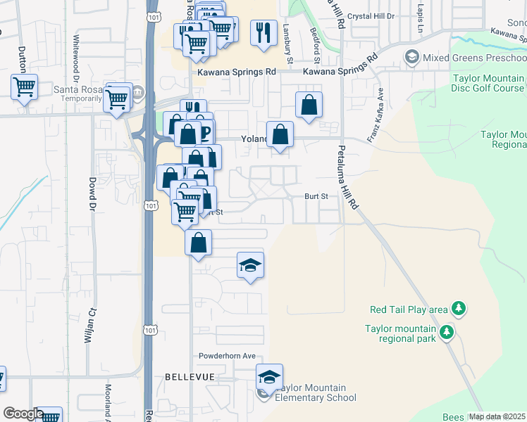 map of restaurants, bars, coffee shops, grocery stores, and more near 245 Burt Street in Santa Rosa