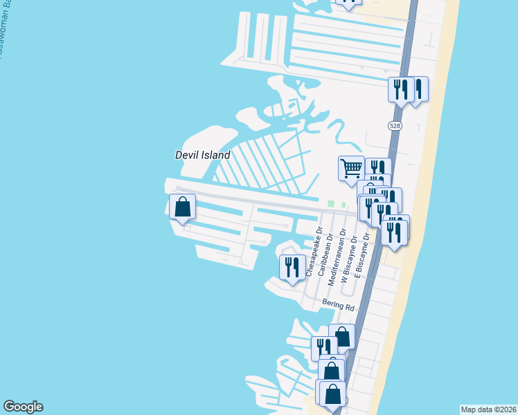 map of restaurants, bars, coffee shops, grocery stores, and more near 682 94th Street in Ocean City