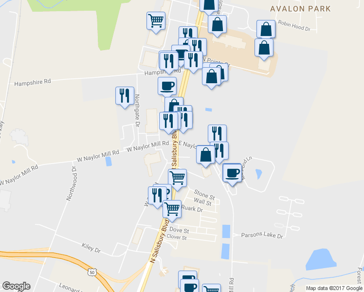 map of restaurants, bars, coffee shops, grocery stores, and more near 103 Overlook Drive in Salisbury