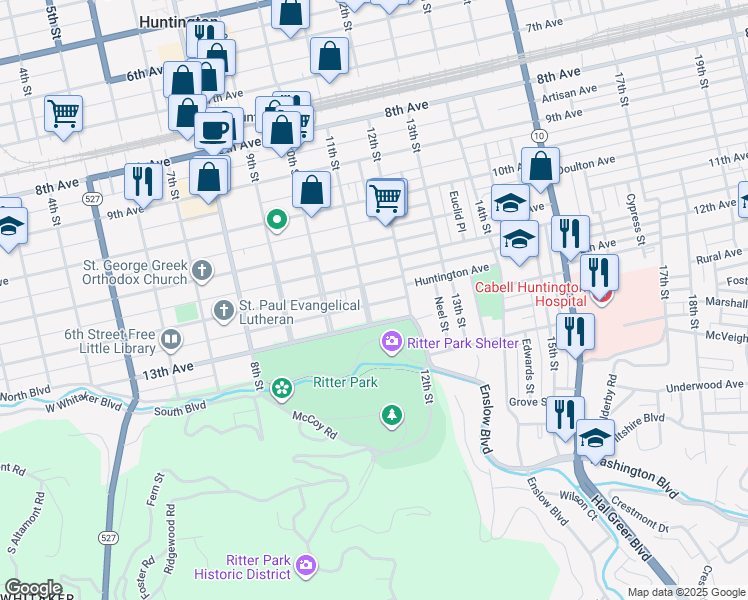 map of restaurants, bars, coffee shops, grocery stores, and more near 1112 12th Avenue in Huntington