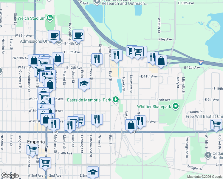 map of restaurants, bars, coffee shops, grocery stores, and more near 1011 East Street in Emporia