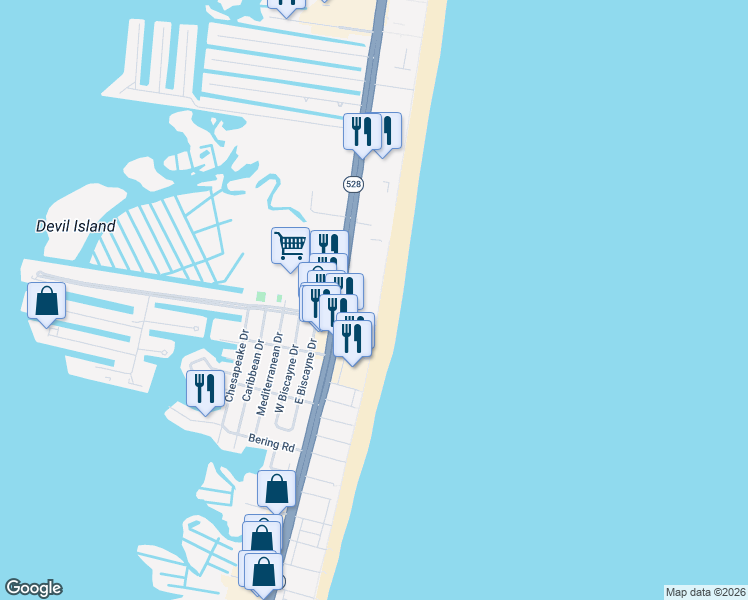 map of restaurants, bars, coffee shops, grocery stores, and more near 9500 Coastal Highway in Ocean City
