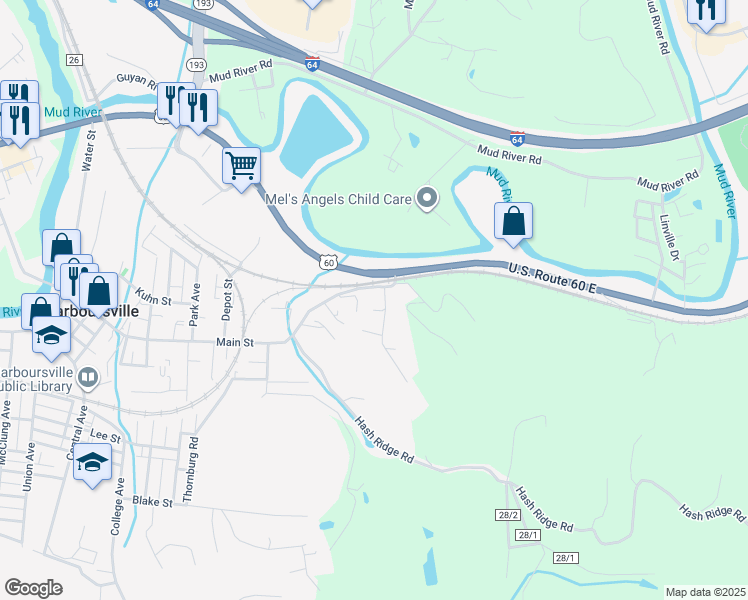 map of restaurants, bars, coffee shops, grocery stores, and more near 1568 Main Street in Barboursville