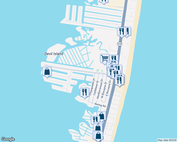 map of restaurants, bars, coffee shops, grocery stores, and more near 606 94th Street in Ocean City