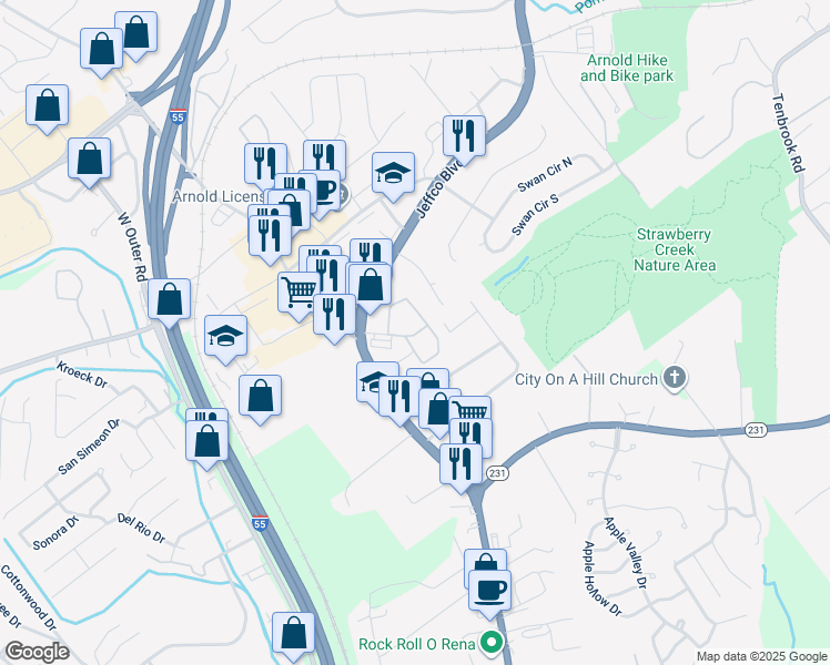 map of restaurants, bars, coffee shops, grocery stores, and more near 1778 Richardson Road in Arnold