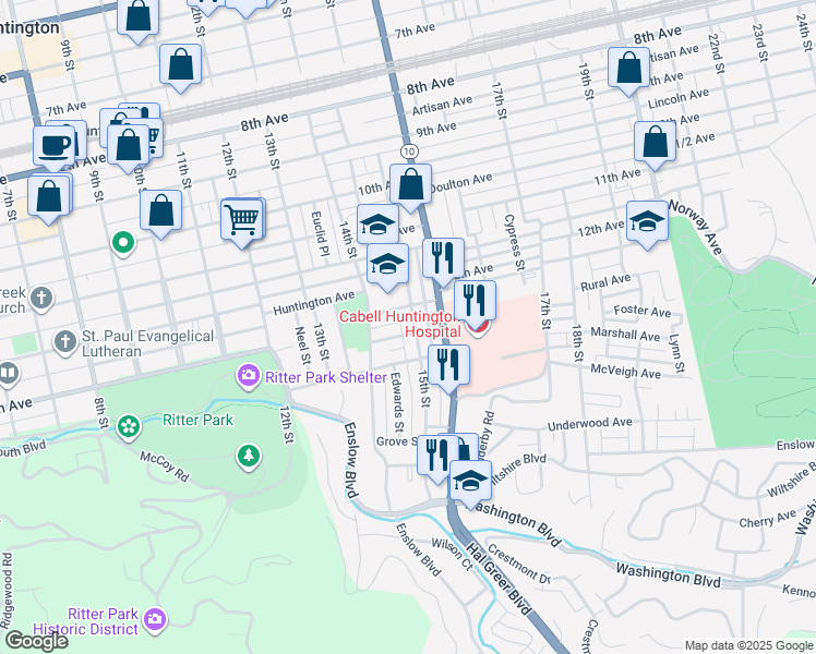 map of restaurants, bars, coffee shops, grocery stores, and more near 1311 15th Street in Huntington