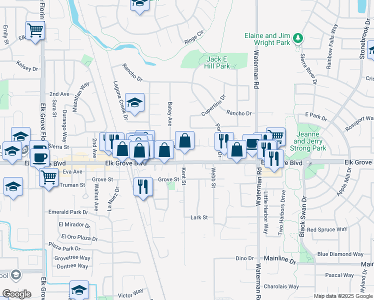 map of restaurants, bars, coffee shops, grocery stores, and more near 9165 Locust Street in Elk Grove