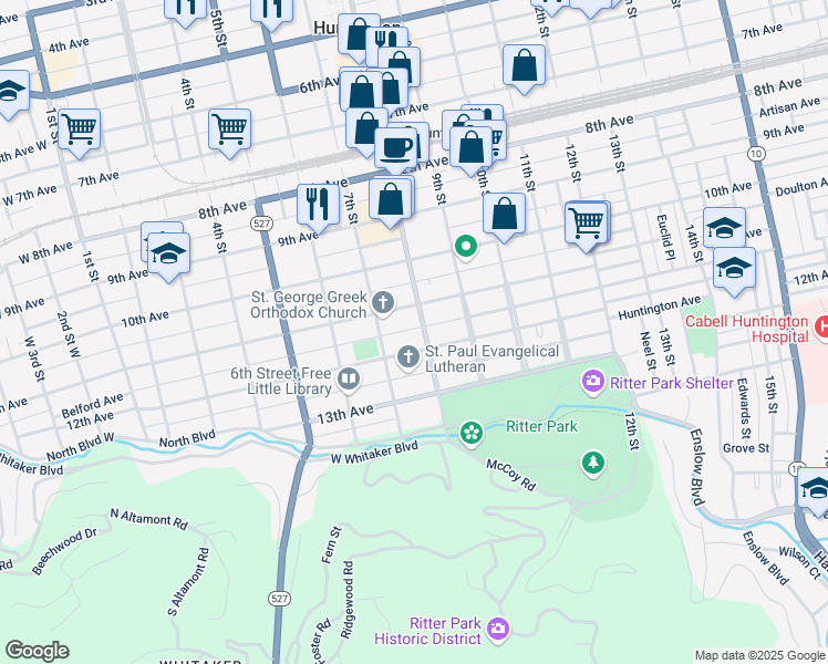 map of restaurants, bars, coffee shops, grocery stores, and more near 743 11th Ave in Huntington