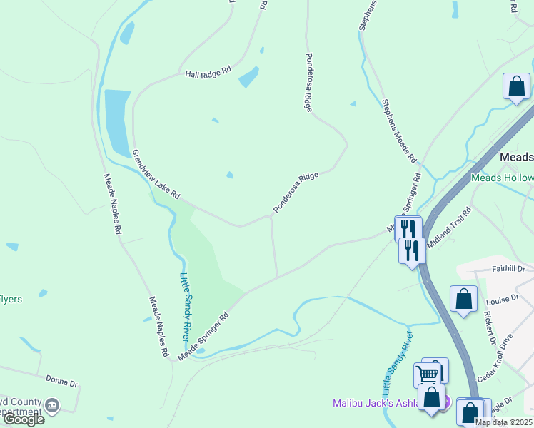 map of restaurants, bars, coffee shops, grocery stores, and more near 8451-8499 Ponderosa Ridge in Ashland