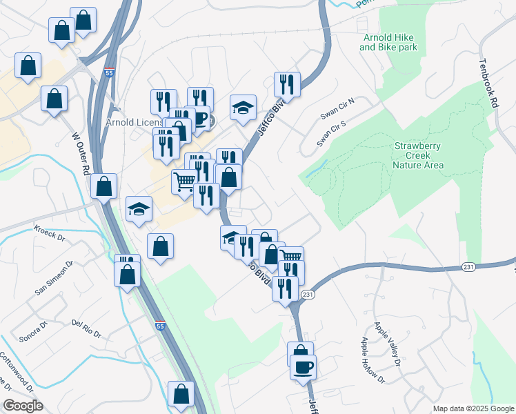 map of restaurants, bars, coffee shops, grocery stores, and more near 56 Avion Ridge Drive in Arnold