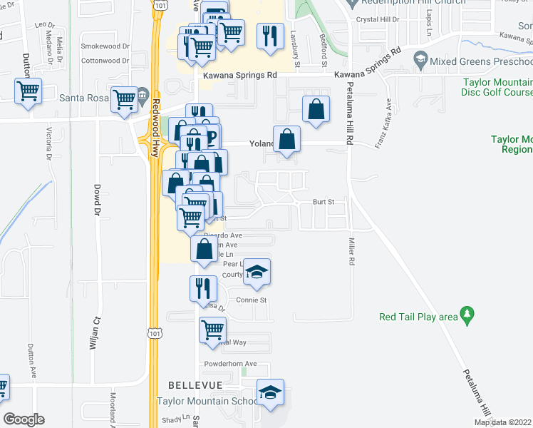map of restaurants, bars, coffee shops, grocery stores, and more near 240 Burt Street in Santa Rosa
