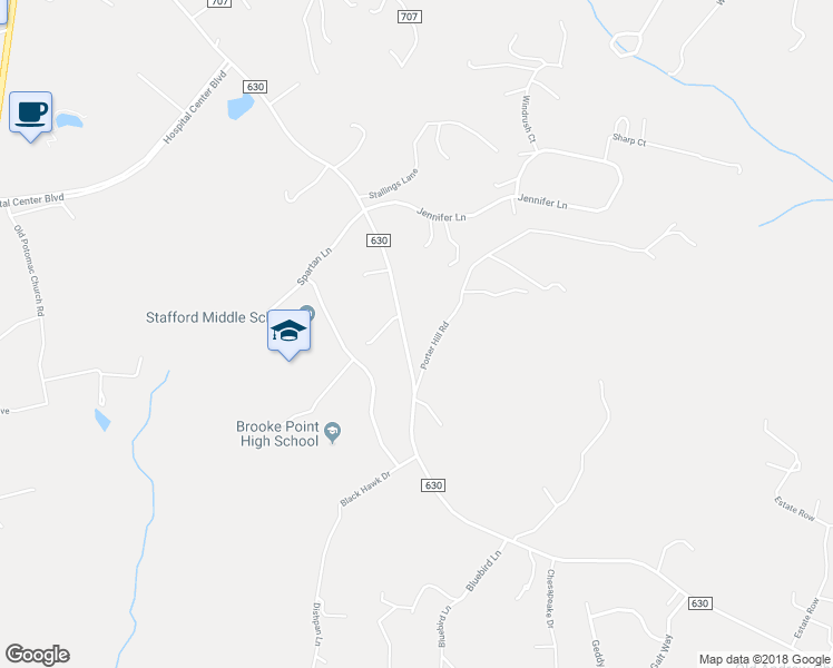 map of restaurants, bars, coffee shops, grocery stores, and more near 1629 Courthouse Road in Stafford