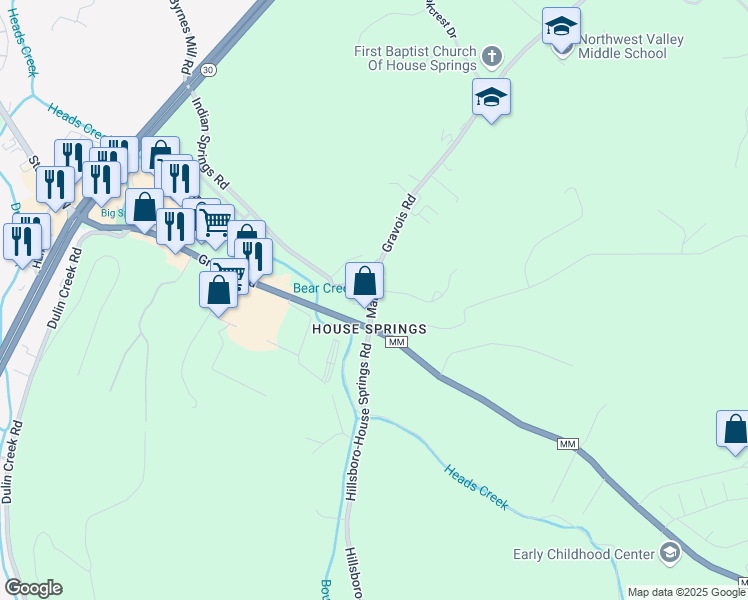 map of restaurants, bars, coffee shops, grocery stores, and more near 4566 Main Street in House Springs