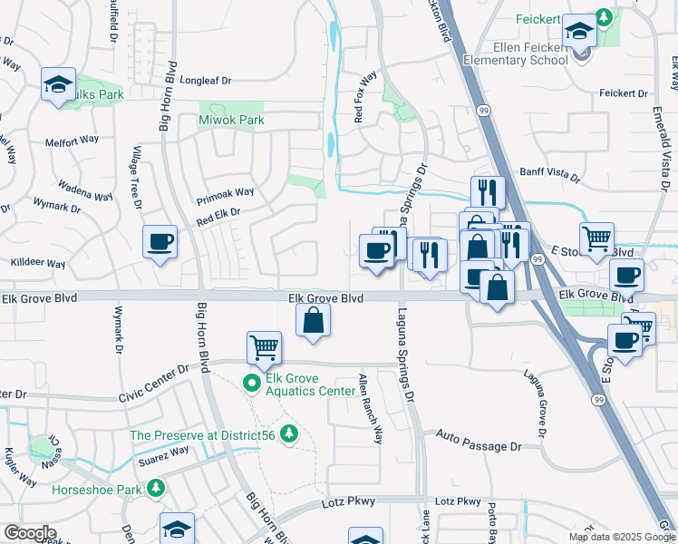 map of restaurants, bars, coffee shops, grocery stores, and more near 9564 Sabrina Lane in Elk Grove