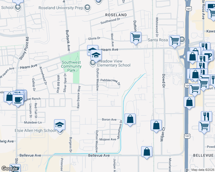 map of restaurants, bars, coffee shops, grocery stores, and more near 1468 Pebblecreek Drive in Santa Rosa