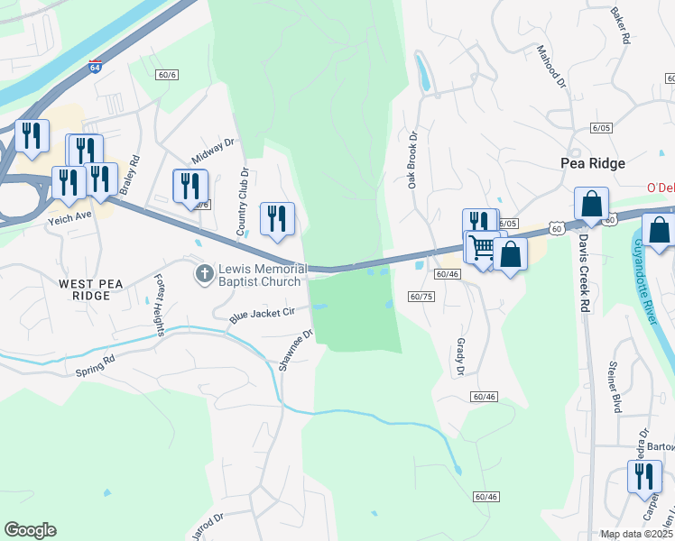 map of restaurants, bars, coffee shops, grocery stores, and more near 5348-5350 Midland Trail in Huntington
