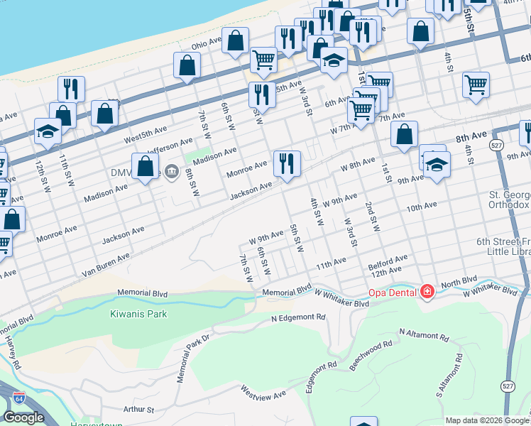 map of restaurants, bars, coffee shops, grocery stores, and more near 801-899 5th St W in Huntington
