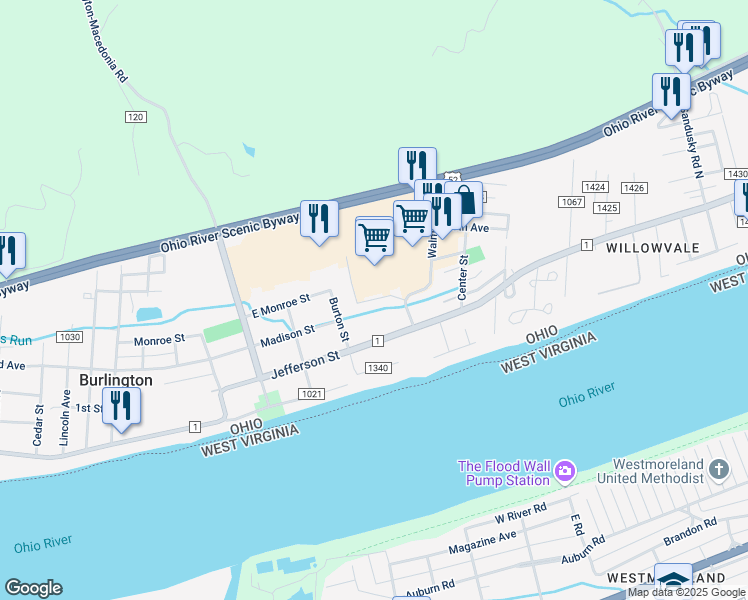 map of restaurants, bars, coffee shops, grocery stores, and more near 5TH State Route 243 in South Point