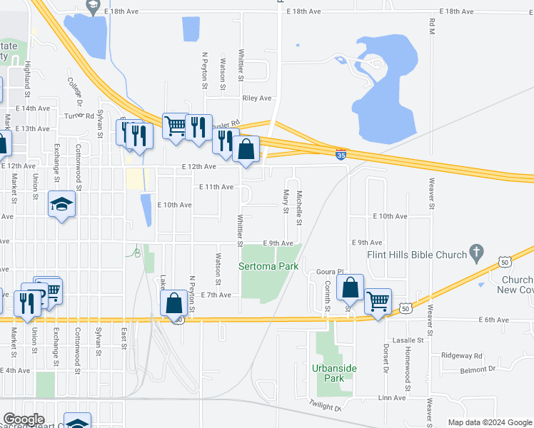 map of restaurants, bars, coffee shops, grocery stores, and more near 1007 Mary Street in Emporia