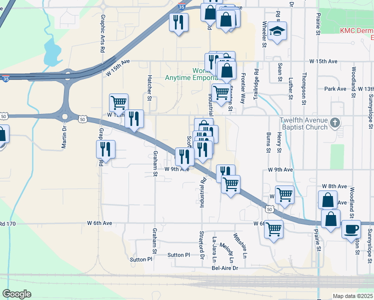 map of restaurants, bars, coffee shops, grocery stores, and more near 1010 Scott Street in Emporia