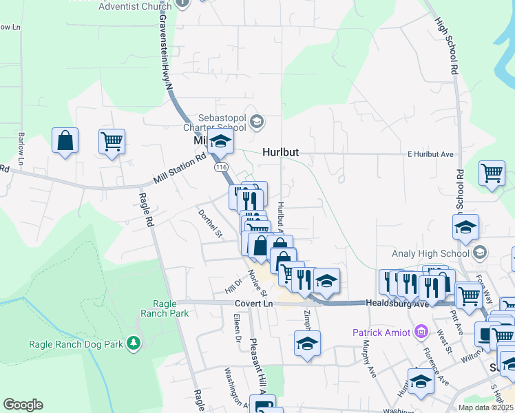 map of restaurants, bars, coffee shops, grocery stores, and more near 1009 Gravenstein Highway North in Sebastopol