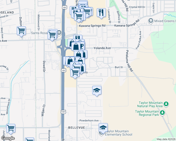 map of restaurants, bars, coffee shops, grocery stores, and more near 2732 Santa Rosa Avenue in Santa Rosa