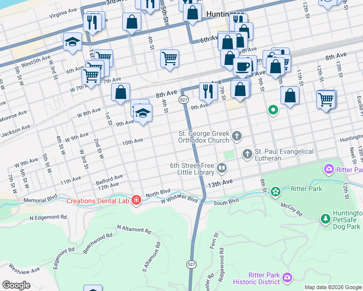 map of restaurants, bars, coffee shops, grocery stores, and more near 417 10th Avenue in Huntington
