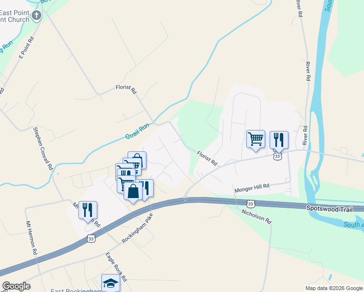 map of restaurants, bars, coffee shops, grocery stores, and more near 451 Florist Road in Elkton