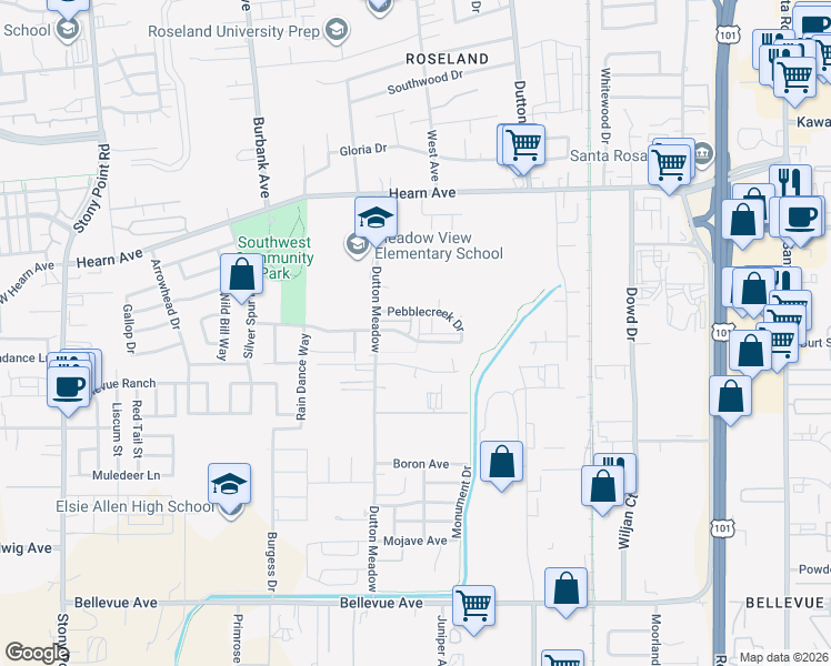 map of restaurants, bars, coffee shops, grocery stores, and more near 1468 Pebblecreek Drive in Santa Rosa