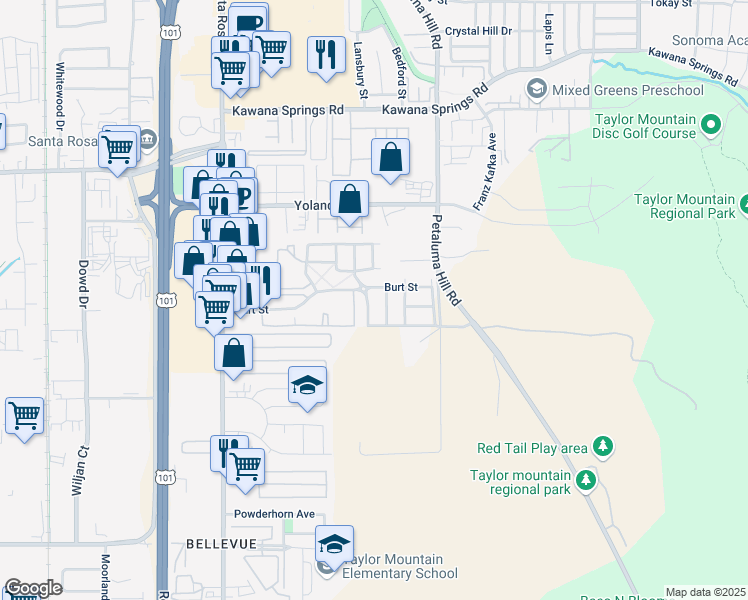 map of restaurants, bars, coffee shops, grocery stores, and more near 2458 Parkcreek Drive in Santa Rosa