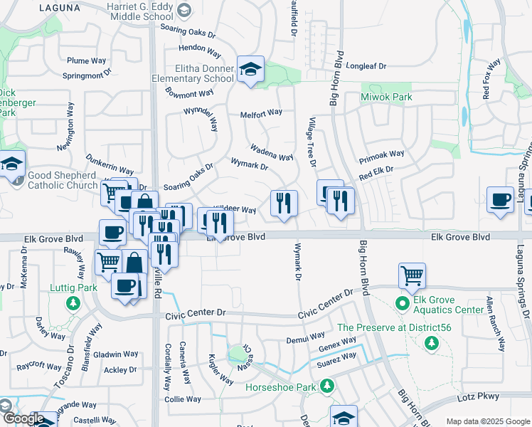 map of restaurants, bars, coffee shops, grocery stores, and more near 7809 Mansell Way in Elk Grove