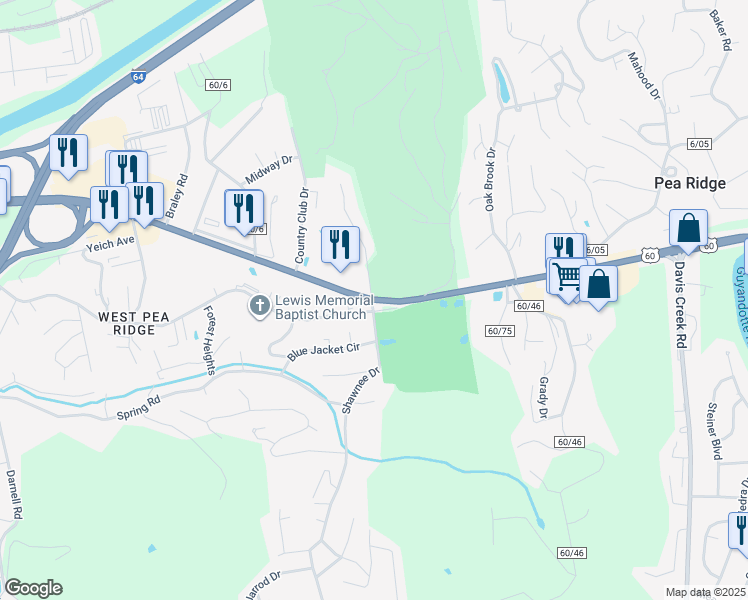 map of restaurants, bars, coffee shops, grocery stores, and more near 5348 Midland Trail in Huntington