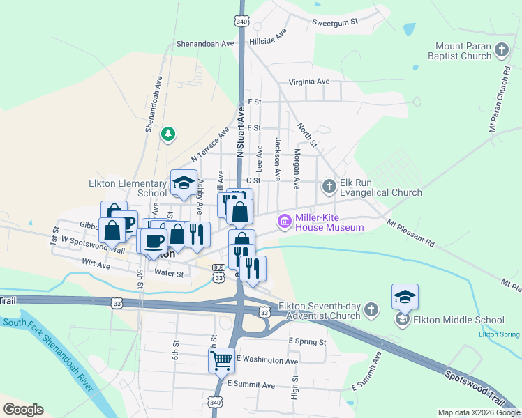 map of restaurants, bars, coffee shops, grocery stores, and more near 107 Lee Avenue in Elkton