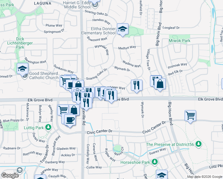 map of restaurants, bars, coffee shops, grocery stores, and more near 7713 Killdeer Way in Elk Grove