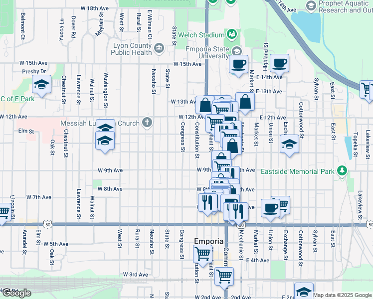 map of restaurants, bars, coffee shops, grocery stores, and more near 1020 Congress Street in Emporia
