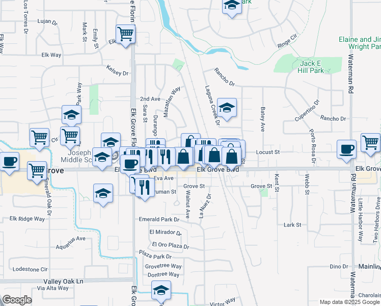 map of restaurants, bars, coffee shops, grocery stores, and more near 9520 Quaymas Court in Elk Grove