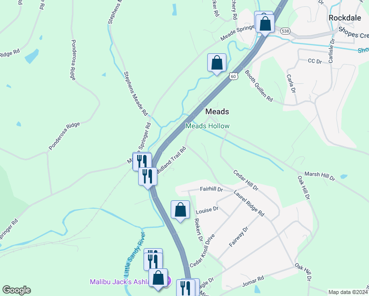map of restaurants, bars, coffee shops, grocery stores, and more near 9018 Midland Trail Road in Ashland