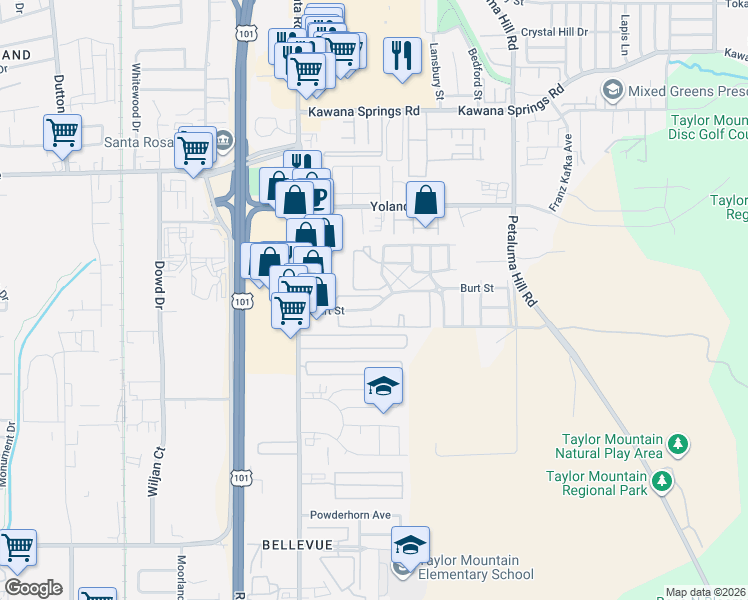 map of restaurants, bars, coffee shops, grocery stores, and more near 2301 Summercreek Drive in Santa Rosa