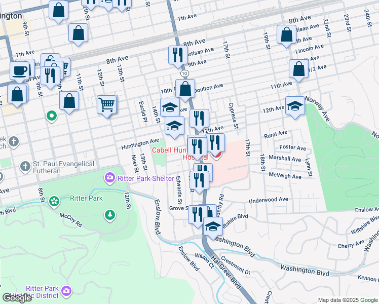 map of restaurants, bars, coffee shops, grocery stores, and more near 1302 15th Street in Huntington
