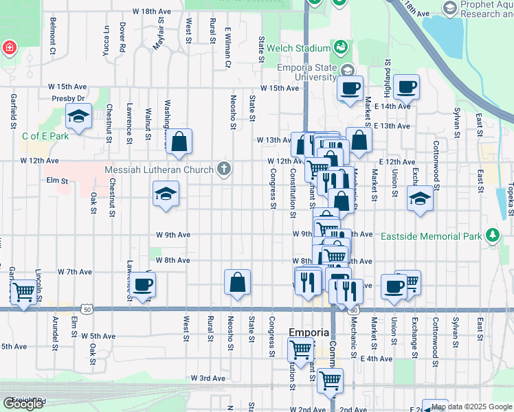 map of restaurants, bars, coffee shops, grocery stores, and more near 1013 Congress Street in Emporia
