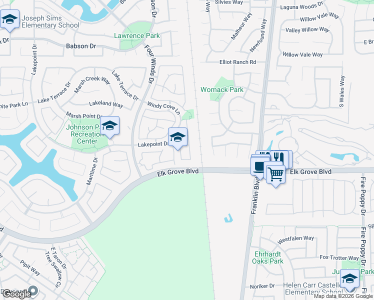 map of restaurants, bars, coffee shops, grocery stores, and more near 4112 Woodwillow Lane in Elk Grove