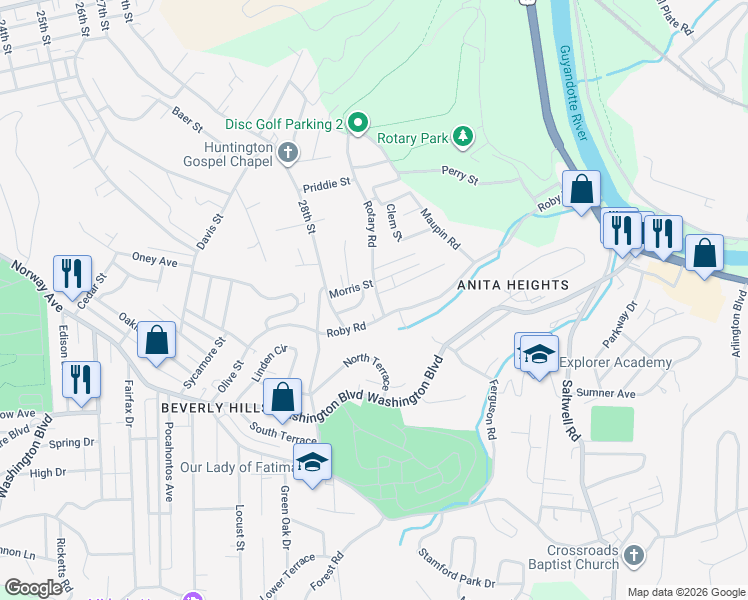 map of restaurants, bars, coffee shops, grocery stores, and more near 406 Rotary Road in Huntington