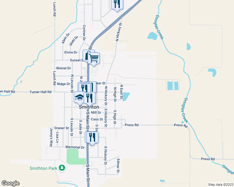 map of restaurants, bars, coffee shops, grocery stores, and more near 209 North East Street in Smithton