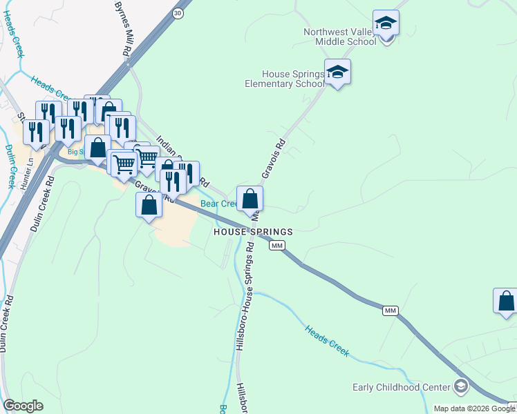 map of restaurants, bars, coffee shops, grocery stores, and more near 4550 Main Street in House Springs