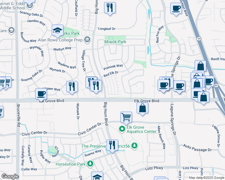 map of restaurants, bars, coffee shops, grocery stores, and more near 9562 Dominion Wood Lane in Elk Grove