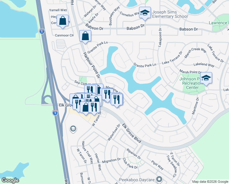 map of restaurants, bars, coffee shops, grocery stores, and more near 9561 Harbour Point Drive in Elk Grove