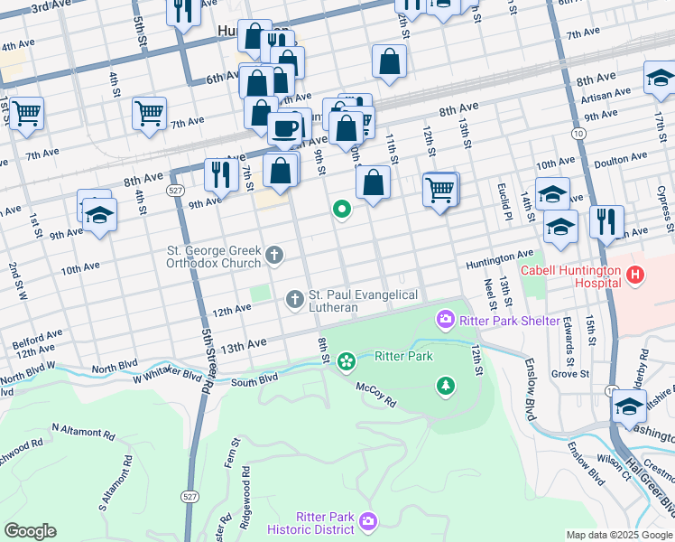 map of restaurants, bars, coffee shops, grocery stores, and more near 1117 9th Street in Huntington